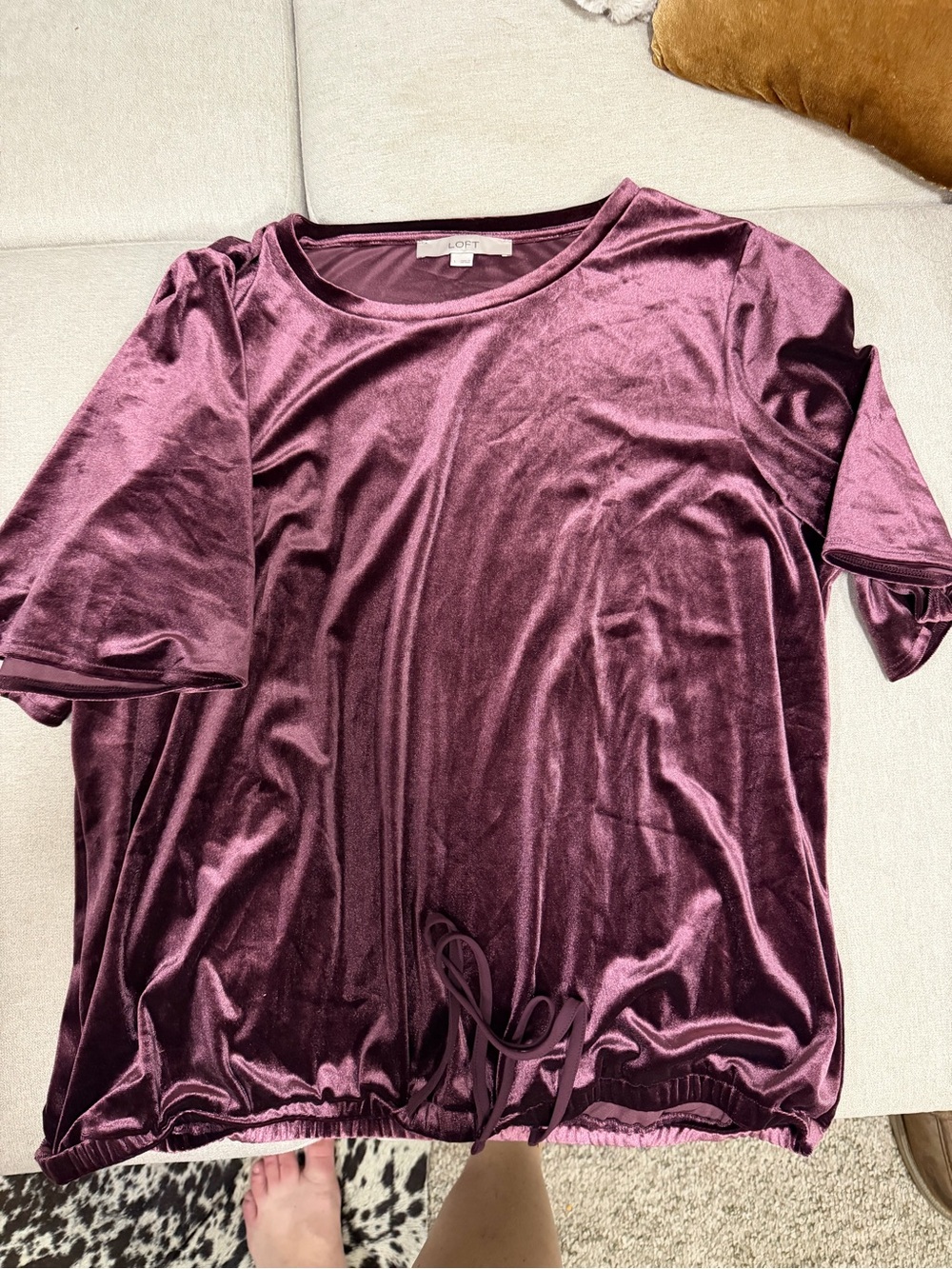 LOFT Velvet Short Sleeve Drawstring Top in Plum